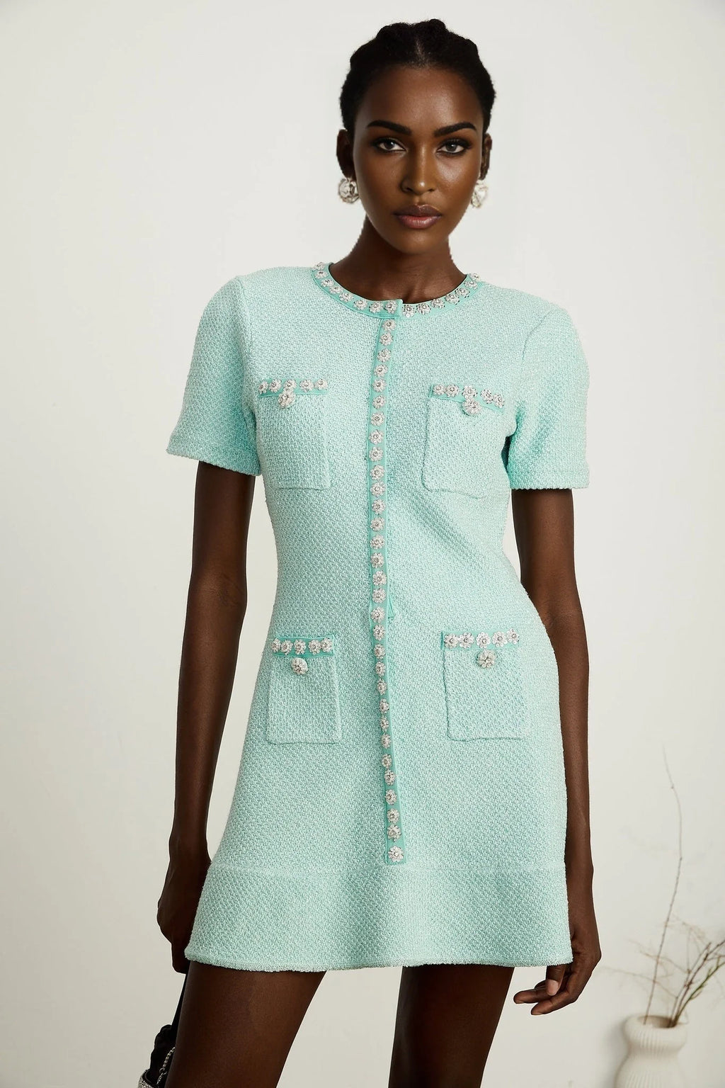 Coraline Mini Dress - Round Neck Design - Short Sleeves - Sequin & Crystal Embellishments - Front Patch Pockets