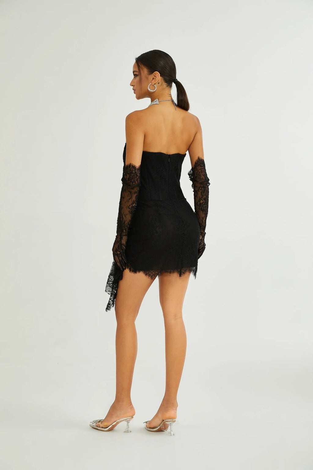 Coraline Off Shoulder Mini Dress - Mesh Floral Lace - Faux - Pearl Embellishment - Ribbon Detail - Lace Hem