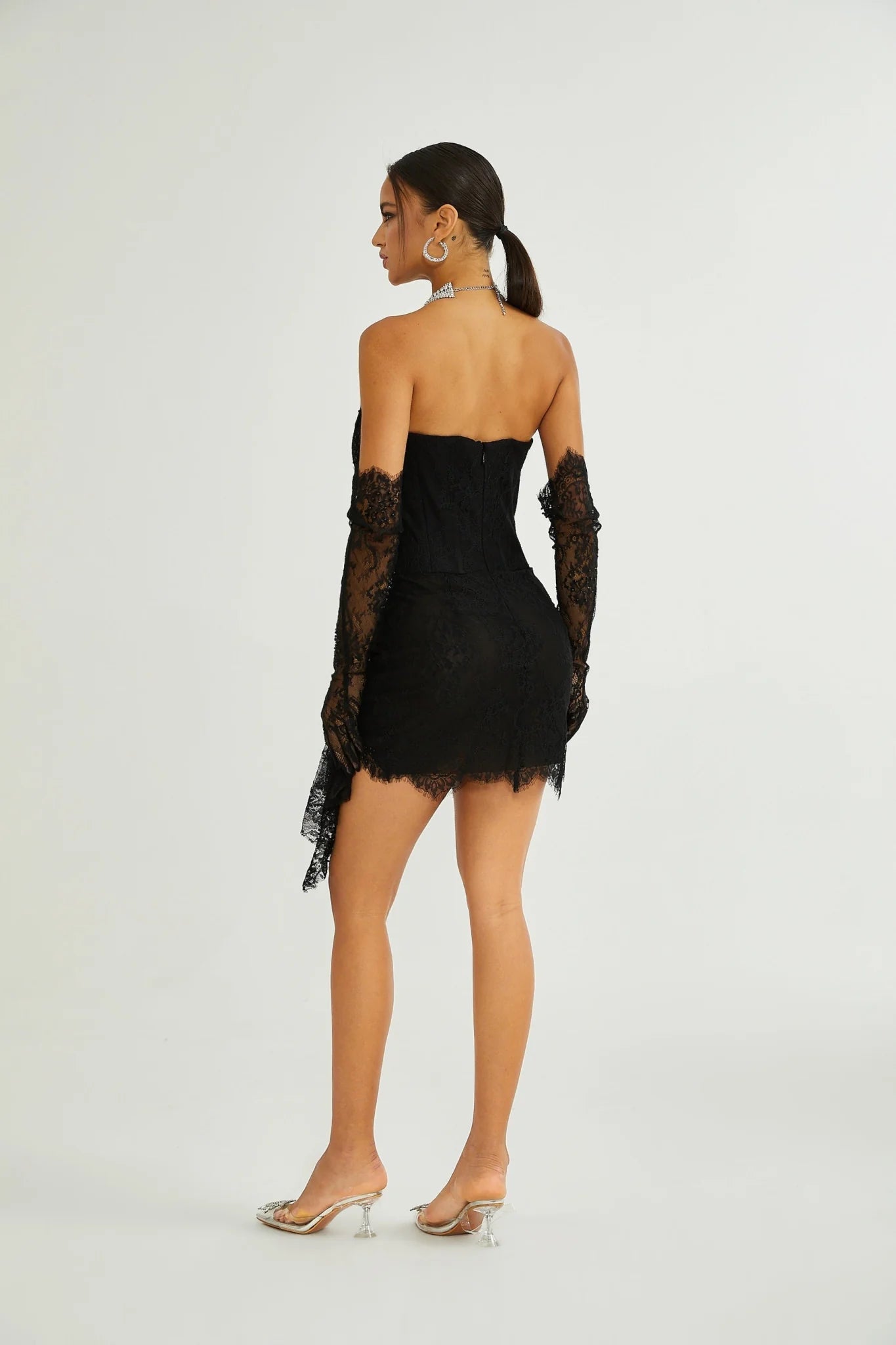 Coraline Off Shoulder Mini Dress - Mesh Floral Lace - Faux - Pearl Embellishment - Ribbon Detail - Lace Hem