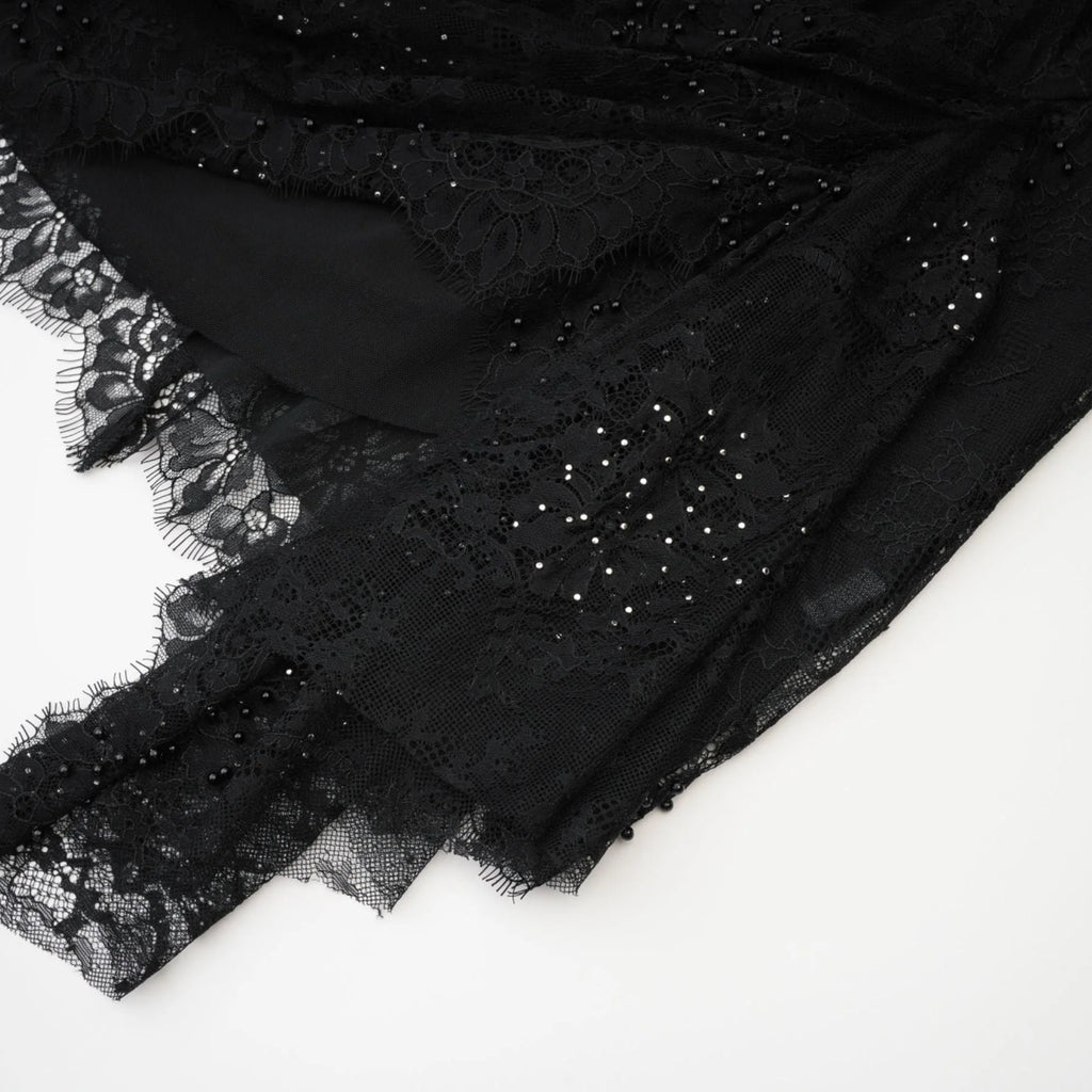 Coraline Off Shoulder Mini Dress - Mesh Floral Lace - Faux - Pearl Embellishment - Ribbon Detail - Lace Hem