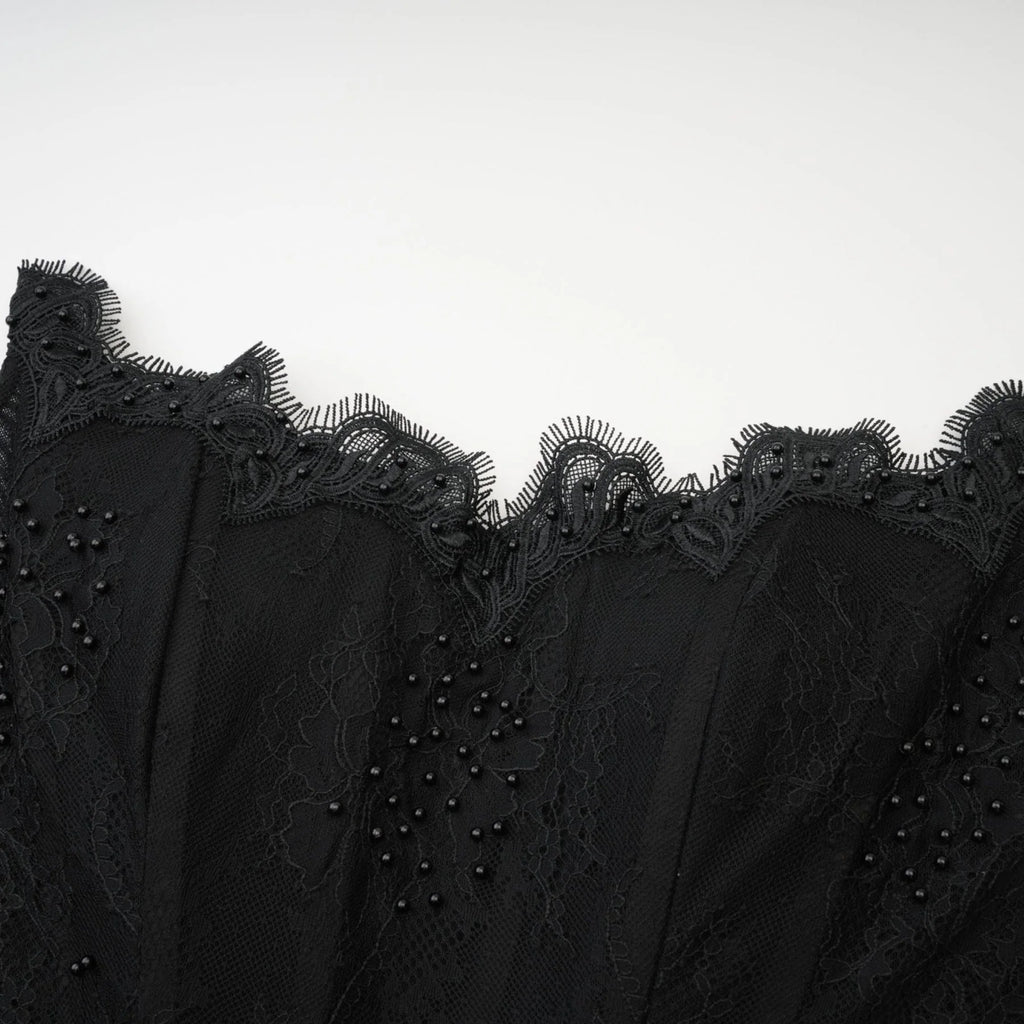 Coraline Off Shoulder Mini Dress - Mesh Floral Lace - Faux - Pearl Embellishment - Ribbon Detail - Lace Hem