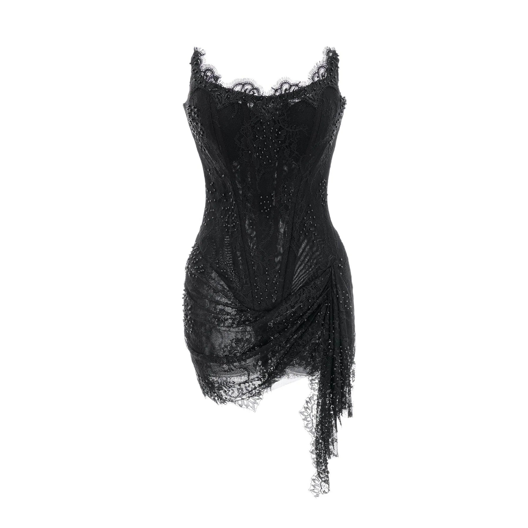 Coraline Off Shoulder Mini Dress - Mesh Floral Lace - Faux - Pearl Embellishment - Ribbon Detail - Lace Hem