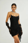 Coraline Off Shoulder Mini Dress - Mesh Floral Lace - Faux - Pearl Embellishment - Ribbon Detail - Lace Hem