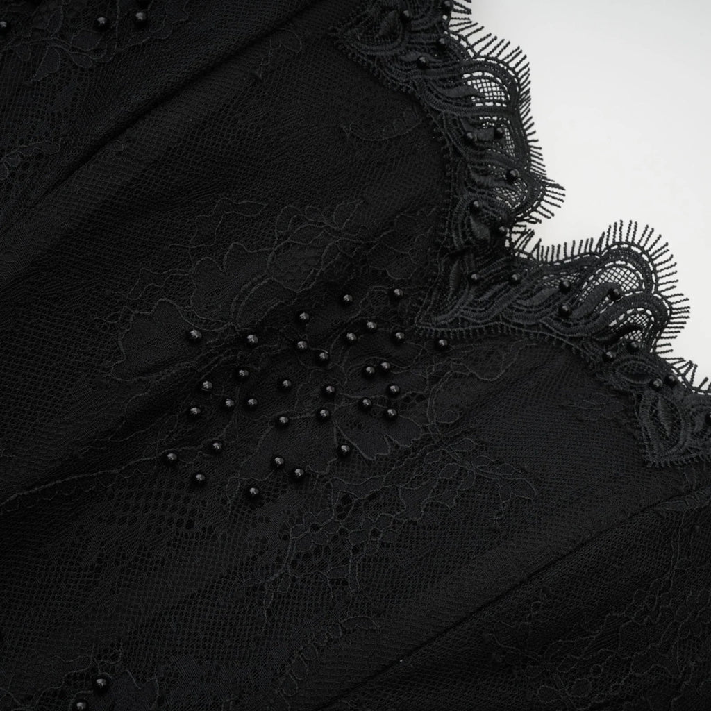 Coraline Off Shoulder Mini Dress - Mesh Floral Lace - Faux - Pearl Embellishment - Ribbon Detail - Lace Hem