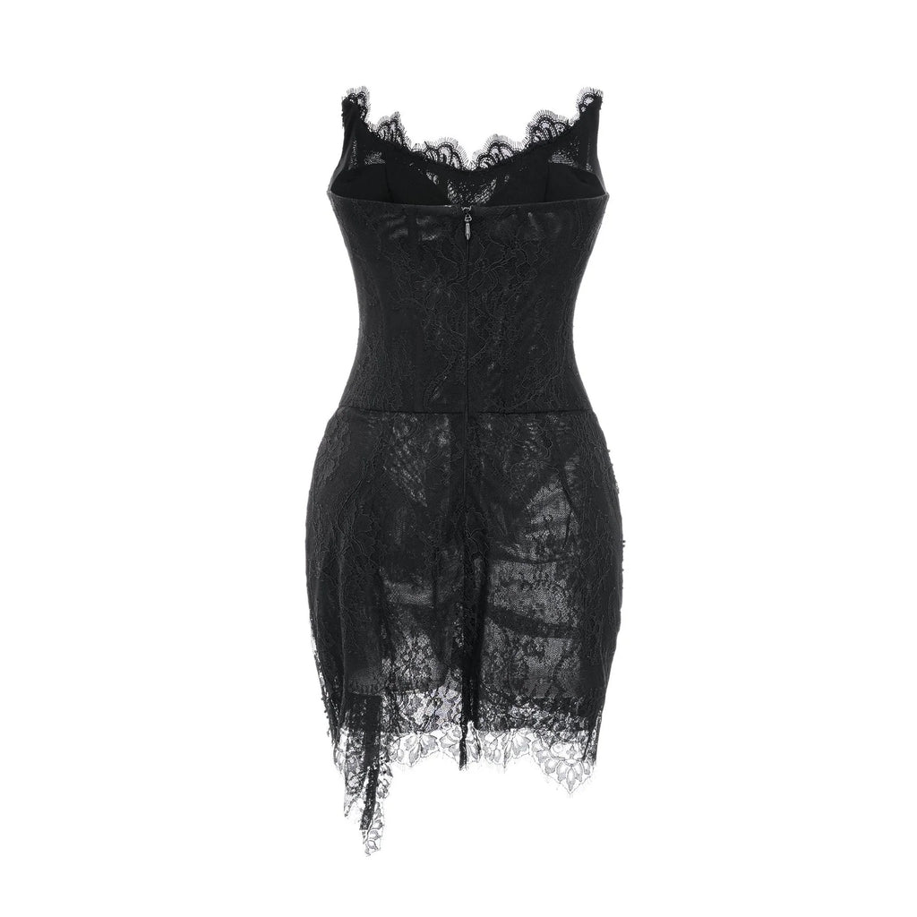 Coraline Off Shoulder Mini Dress - Mesh Floral Lace - Faux - Pearl Embellishment - Ribbon Detail - Lace Hem