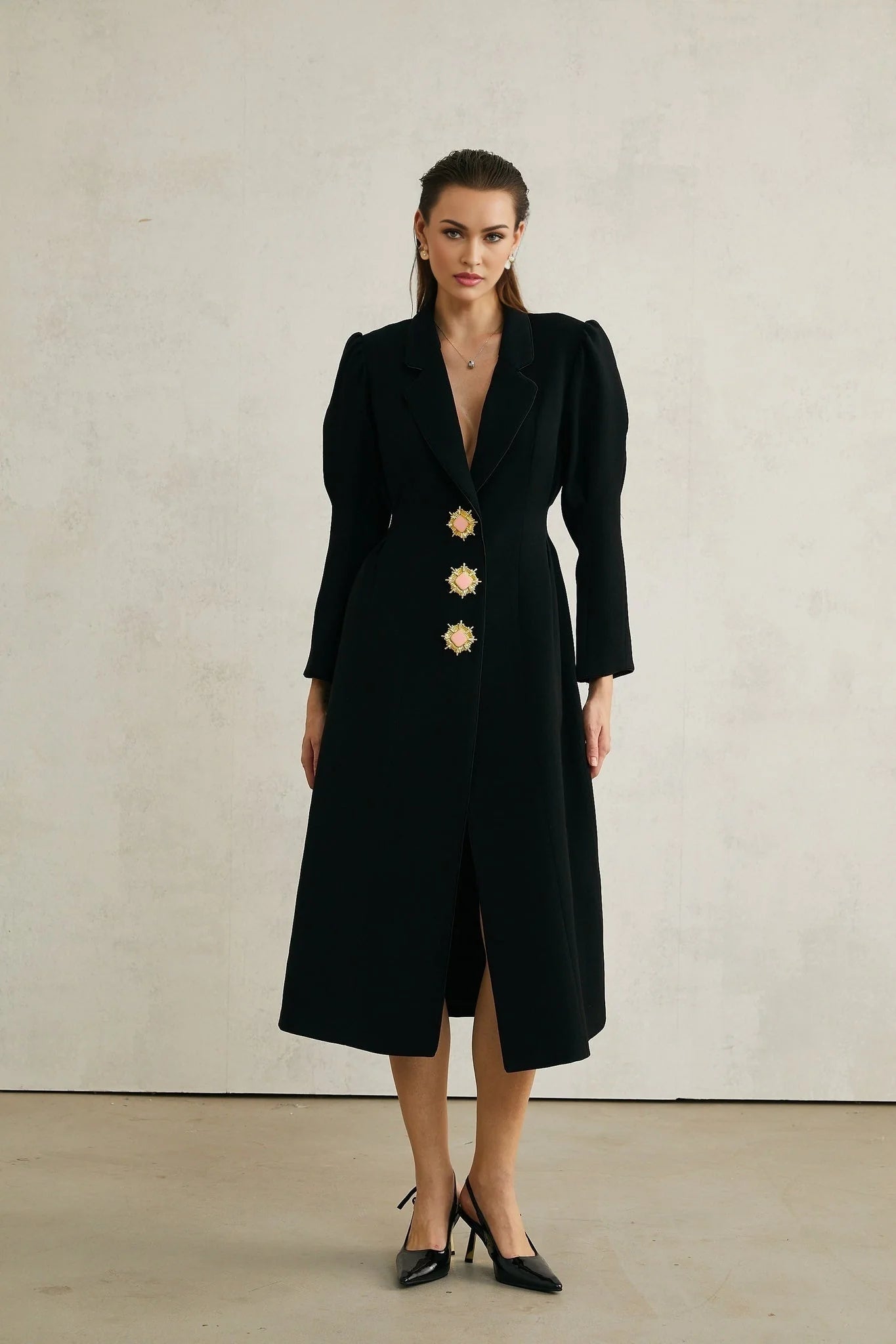 Corinna Long Sleeve Midi Dress - Lapel Neckline - Pleat Detailing - Waist - Tightened Design - Front Button Fastening