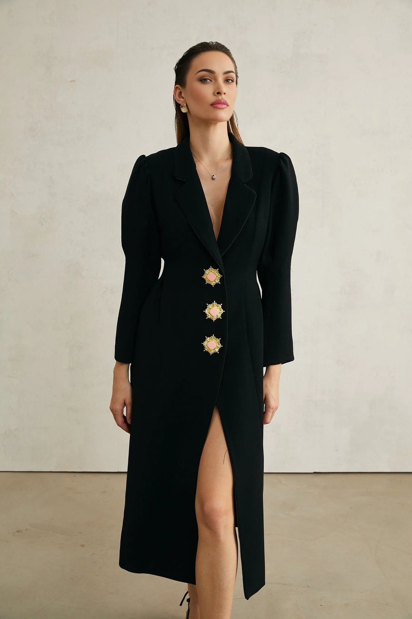 Corinna Long Sleeve Midi Dress - Lapel Neckline - Pleat Detailing - Waist - Tightened Design - Front Button Fastening