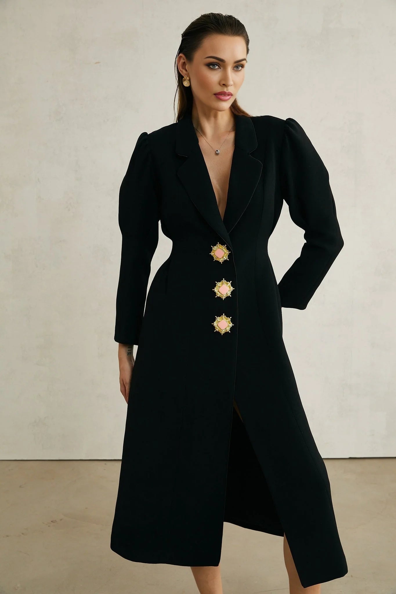 Corinna Long Sleeve Midi Dress - Lapel Neckline - Pleat Detailing - Waist - Tightened Design - Front Button Fastening