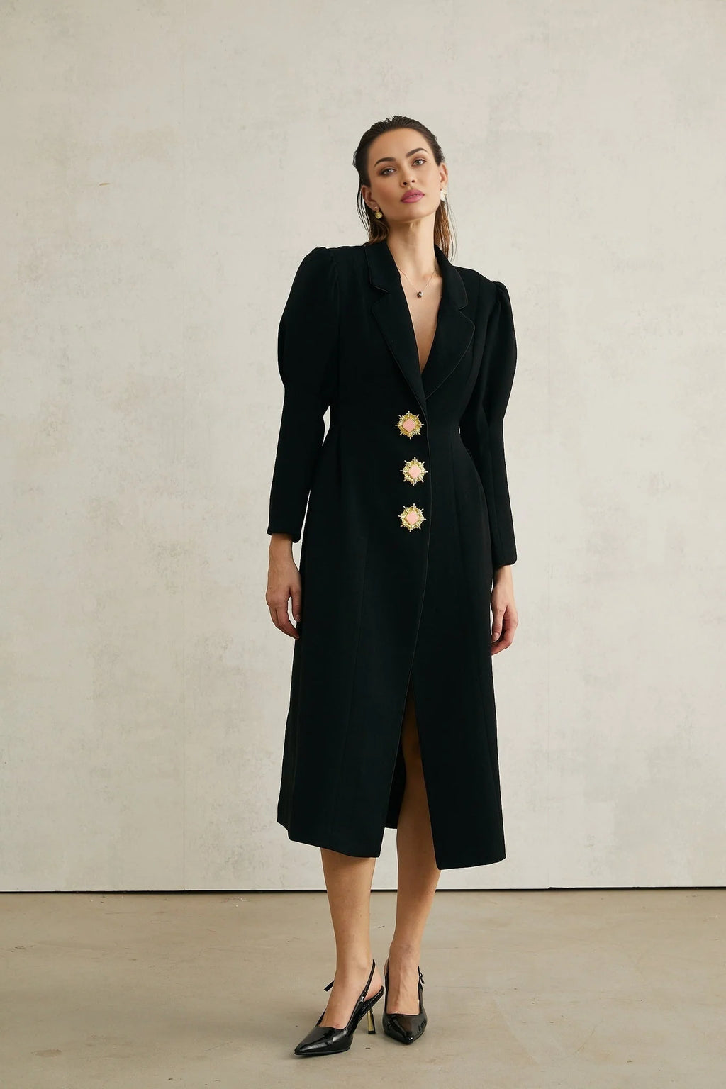 Corinna Long Sleeve Midi Dress - Lapel Neckline - Pleat Detailing - Waist - Tightened Design - Front Button Fastening