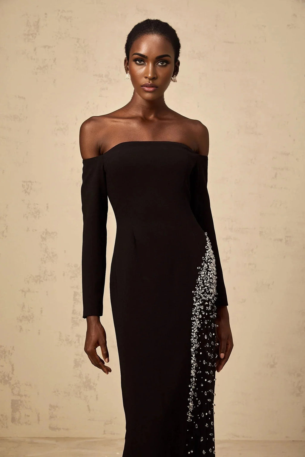 Corinna Maxi Dress Black Mesh Crystal Embellished Slit Zip Detail