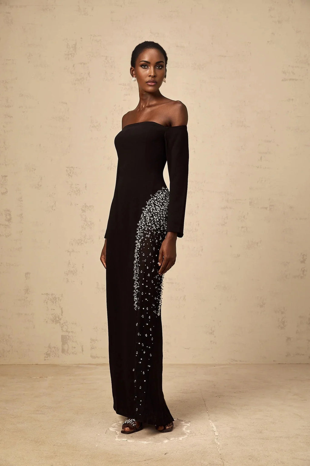Corinna Maxi Dress Black Mesh Crystal Embellished Slit Zip Detail