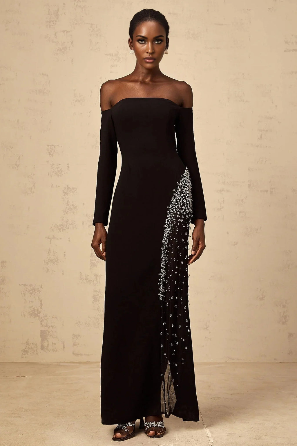 Corinna Maxi Dress Black Mesh Crystal Embellished Slit Zip Detail