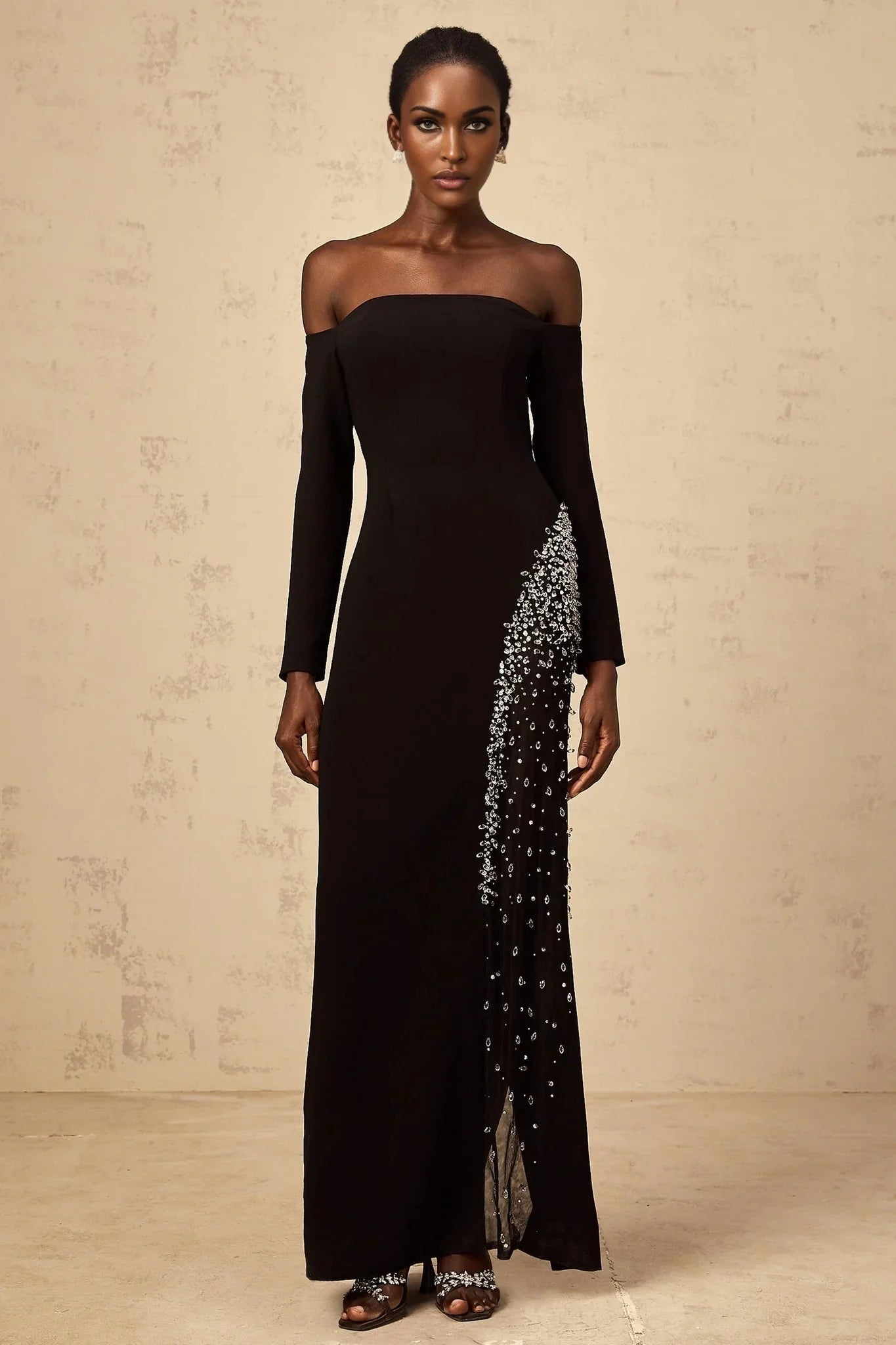 Corinna Maxi Dress Black Mesh Crystal Embellished Slit Zip Detail