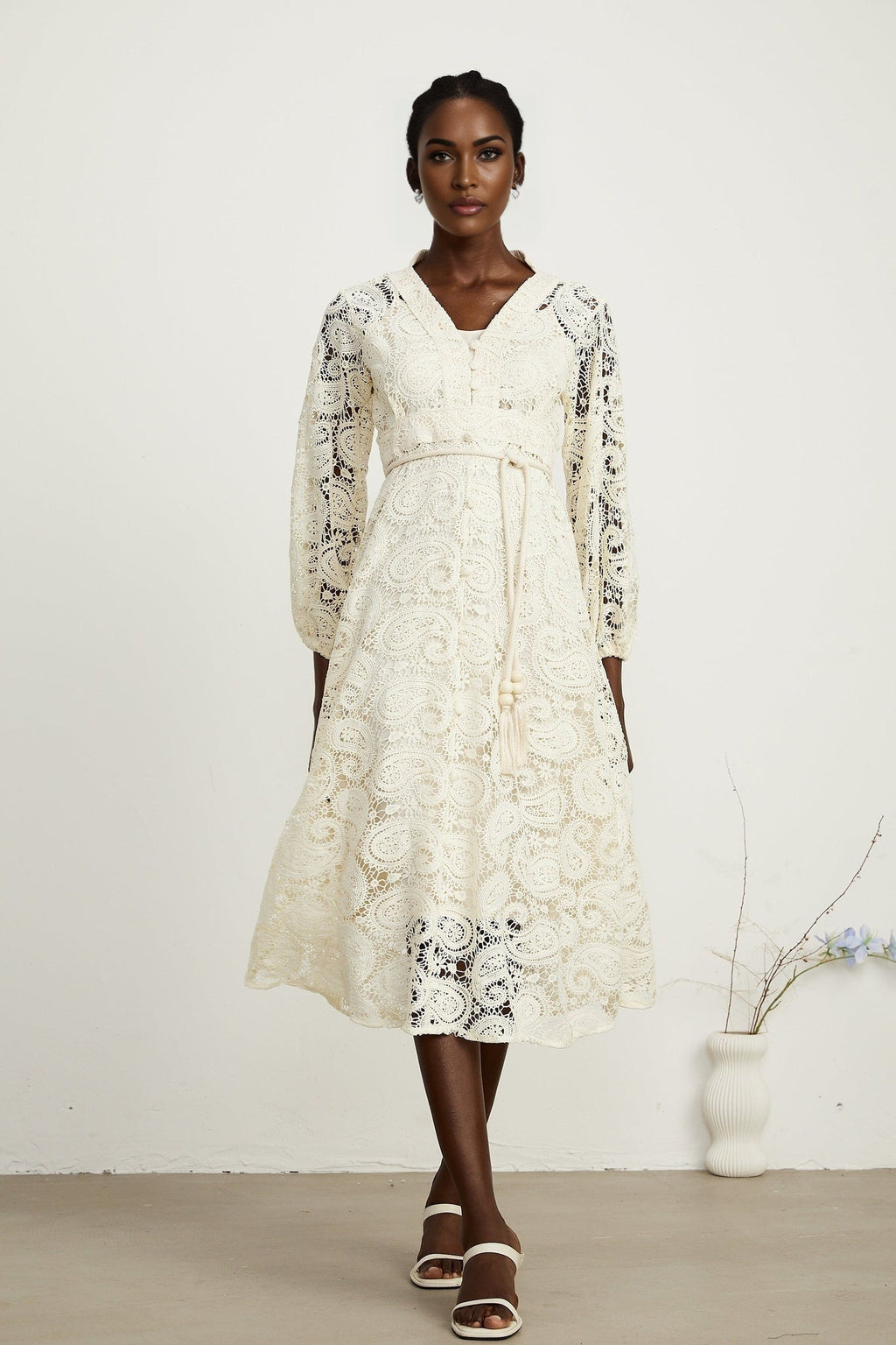 Corinna Midi Dress – Paisley Pattern – V - Neck – Tied Waist