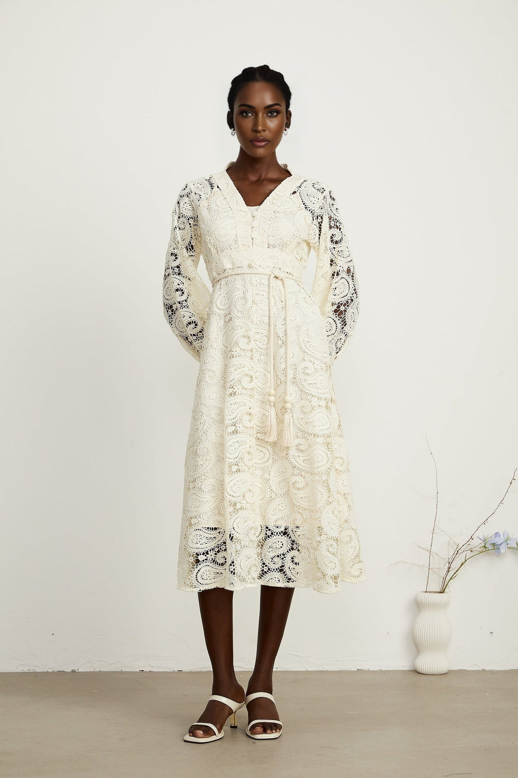 Corinna Midi Dress – Paisley Pattern – V - Neck – Tied Waist