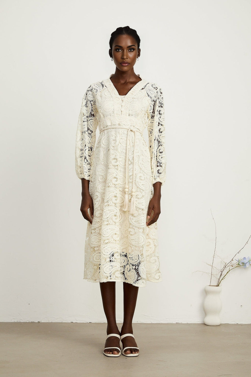 Corinna Midi Dress – Paisley Pattern – V - Neck – Tied Waist