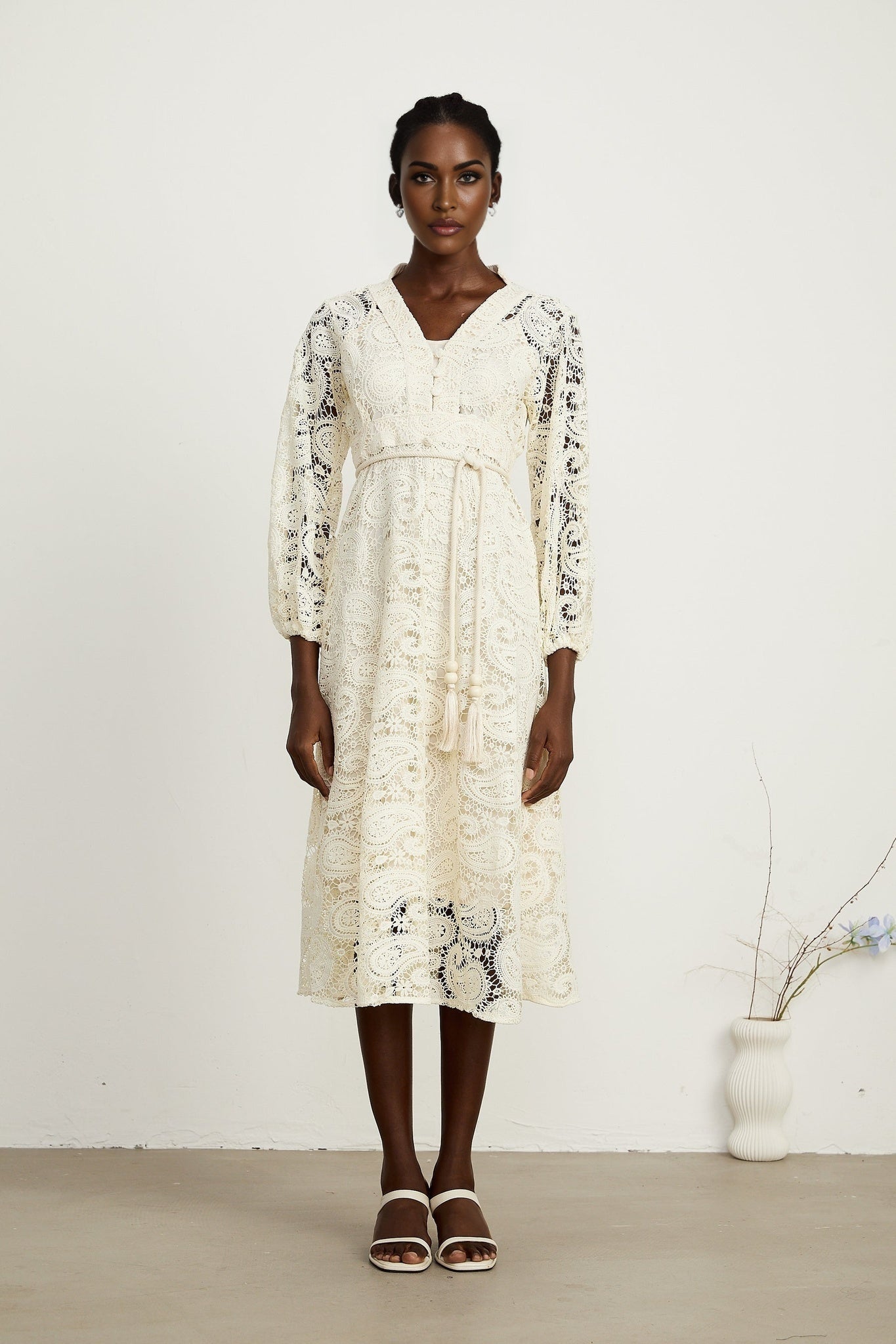 Corinna Midi Dress – Paisley Pattern – V - Neck – Tied Waist