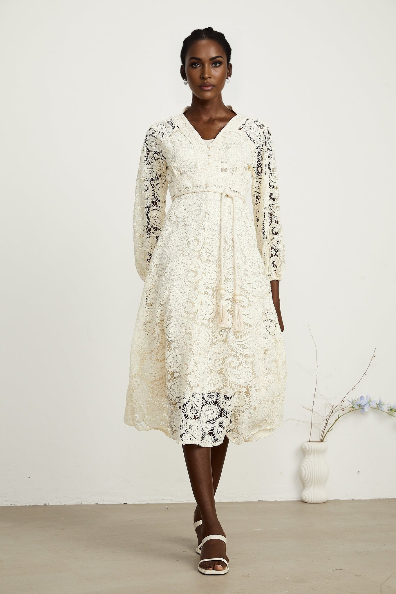 Corinna Midi Dress – Paisley Pattern – V - Neck – Tied Waist