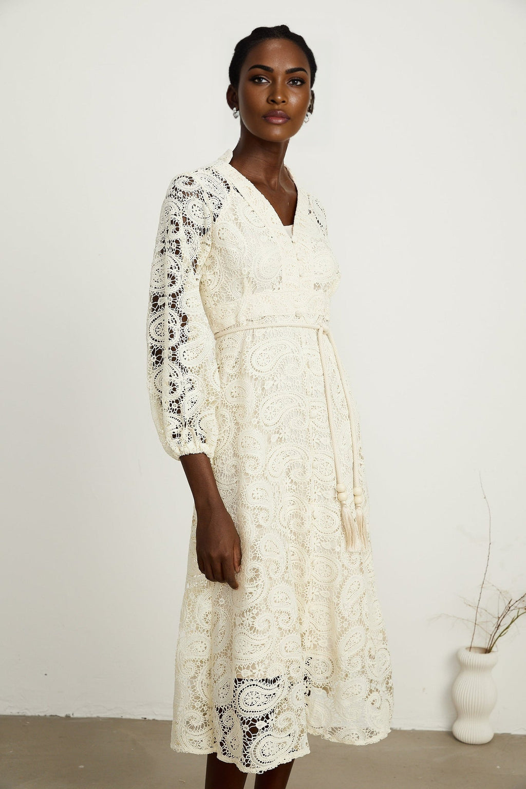 Corinna Midi Dress – Paisley Pattern – V - Neck – Tied Waist