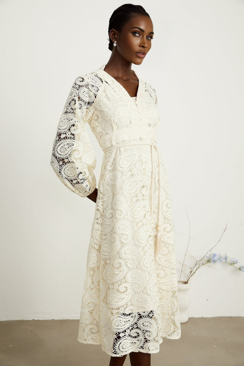 Corinna Midi Dress – Paisley Pattern – V - Neck – Tied Waist