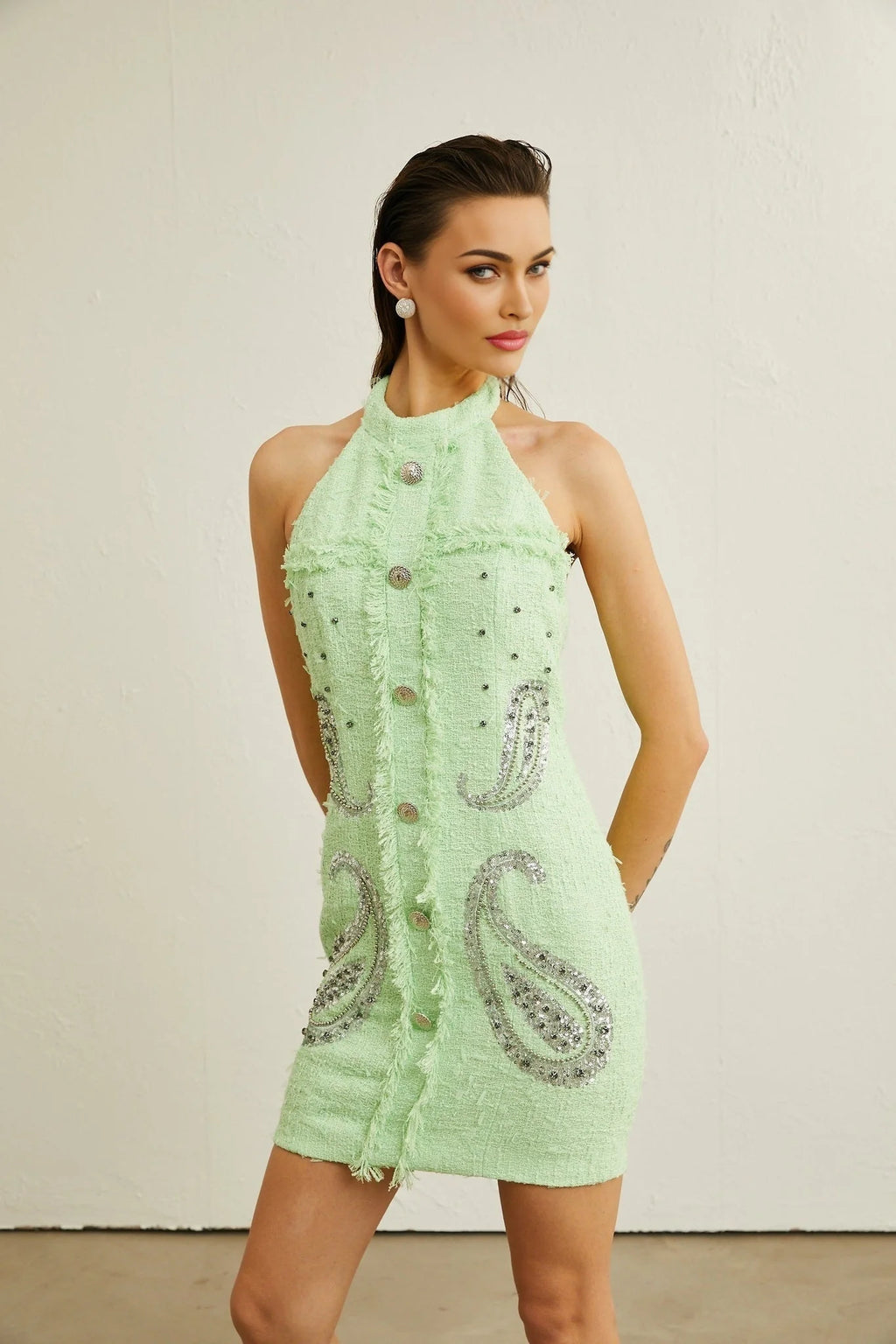 Corinna Mini Dress - Halterneck Fringed Beaded Sequined Buttoned Zipper Thigh - Length
