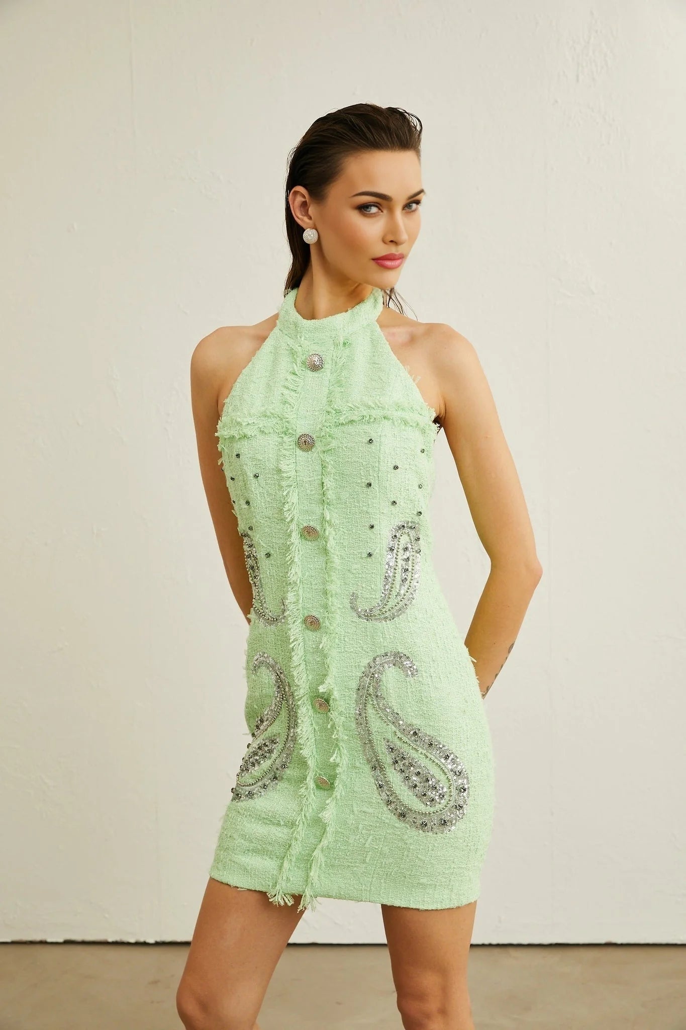 Corinna Mini Dress - Halterneck Fringed Beaded Sequined Buttoned Zipper Thigh - Length