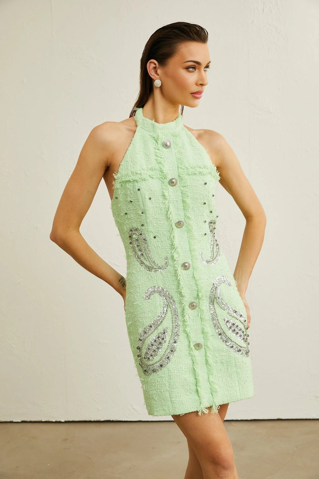 Corinna Mini Dress - Halterneck Fringed Beaded Sequined Buttoned Zipper Thigh - Length