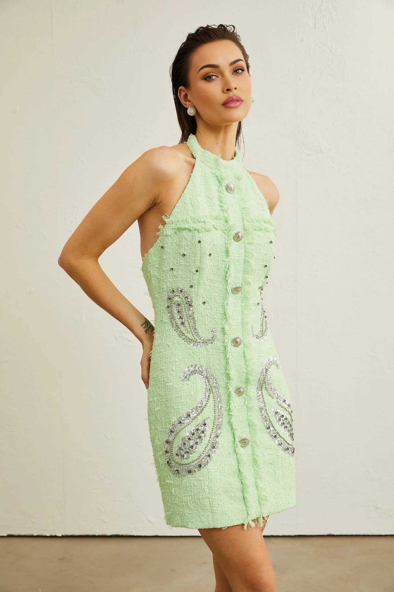 Corinna Mini Dress - Halterneck Fringed Beaded Sequined Buttoned Zipper Thigh - Length