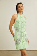 Corinna Mini Dress - Halterneck Fringed Beaded Sequined Buttoned Zipper Thigh - Length