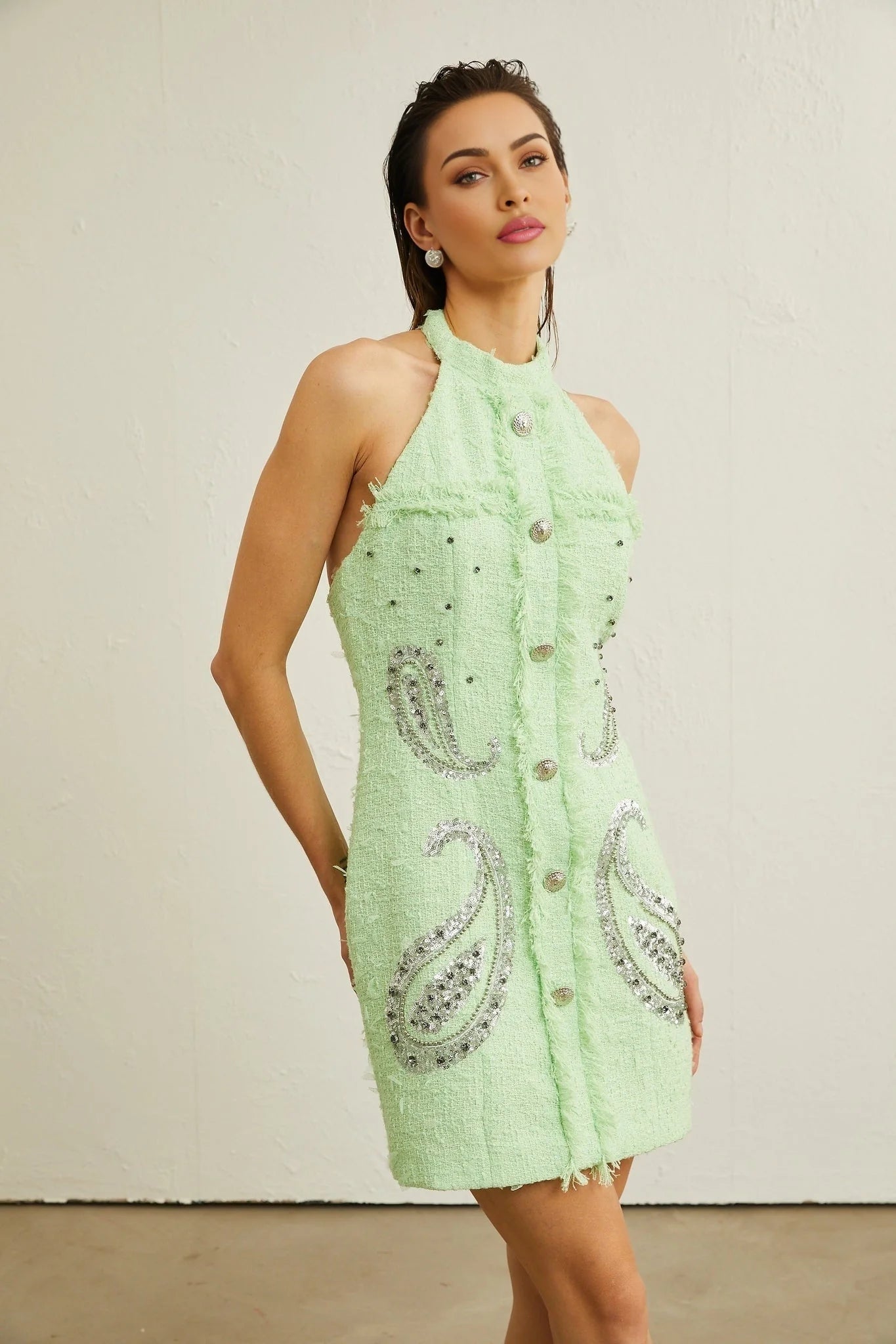 Corinna Mini Dress - Halterneck Fringed Beaded Sequined Buttoned Zipper Thigh - Length