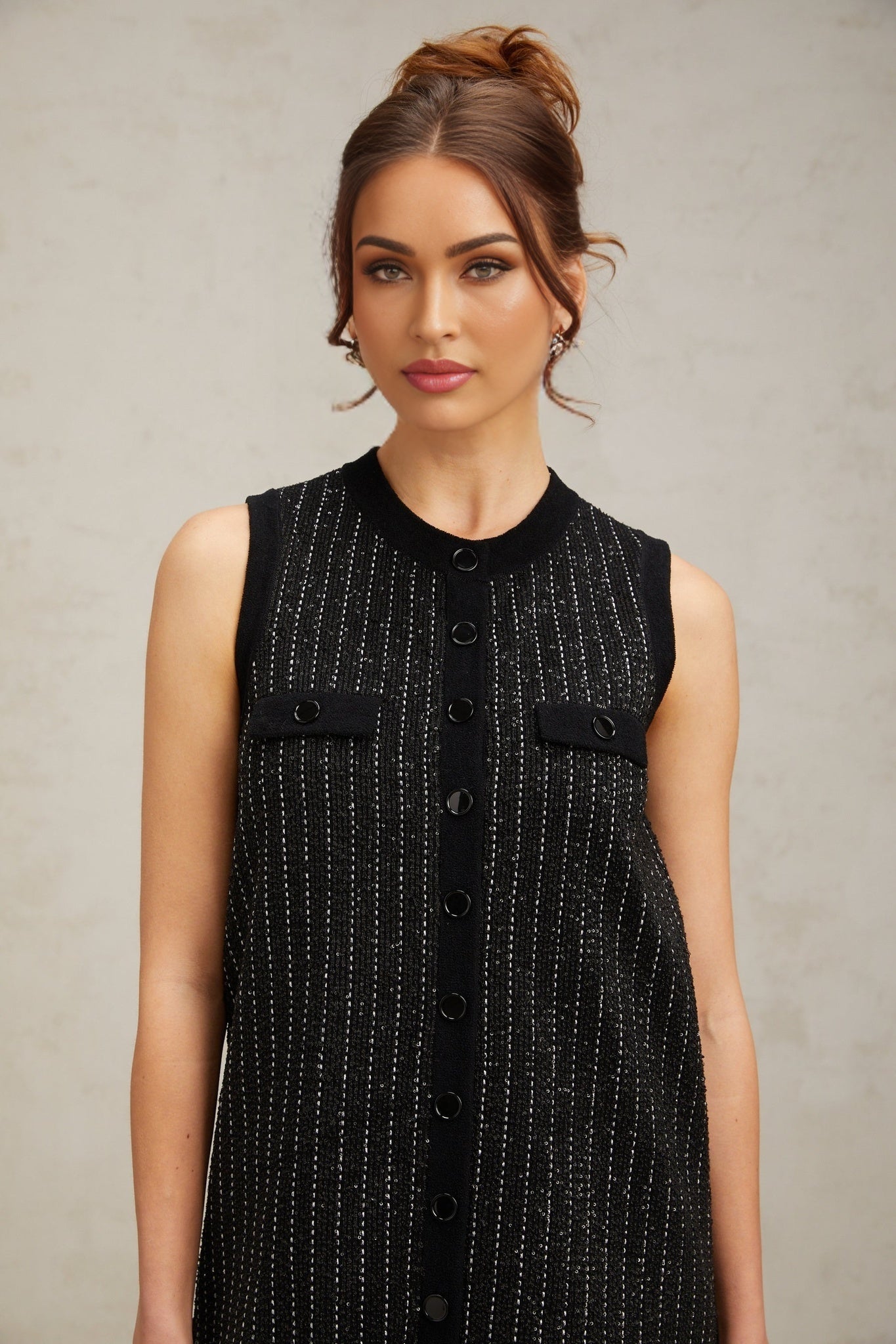 Corinna Mini Dress - Knitted Sleeveless Velvet Stripe Sequin Embellished