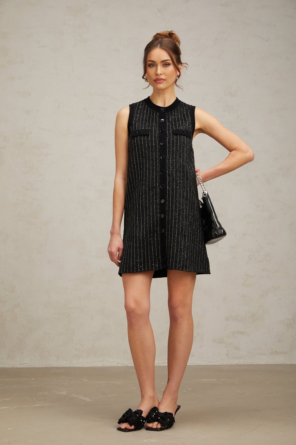 Corinna Mini Dress - Knitted Sleeveless Velvet Stripe Sequin Embellished