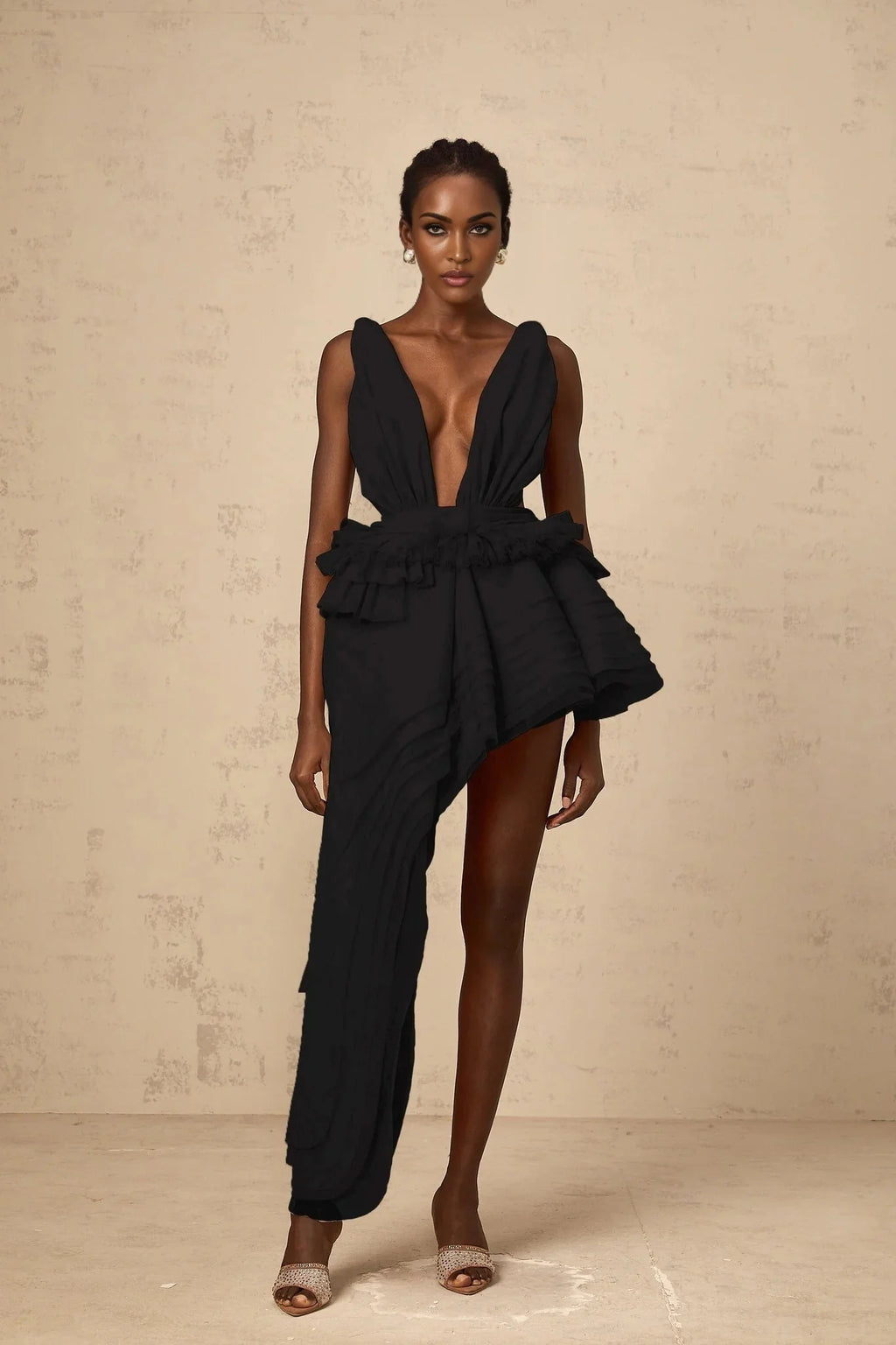 Corinna Mini Dress Ribbon - Design Black & Asymmetrical