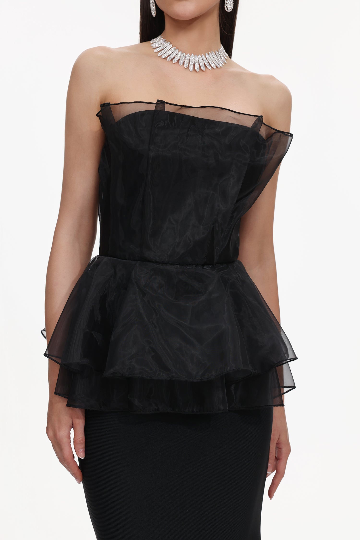 Cosima Black Fishtail Silhouette Strapless Formal Dress with Ruffle Detailing
