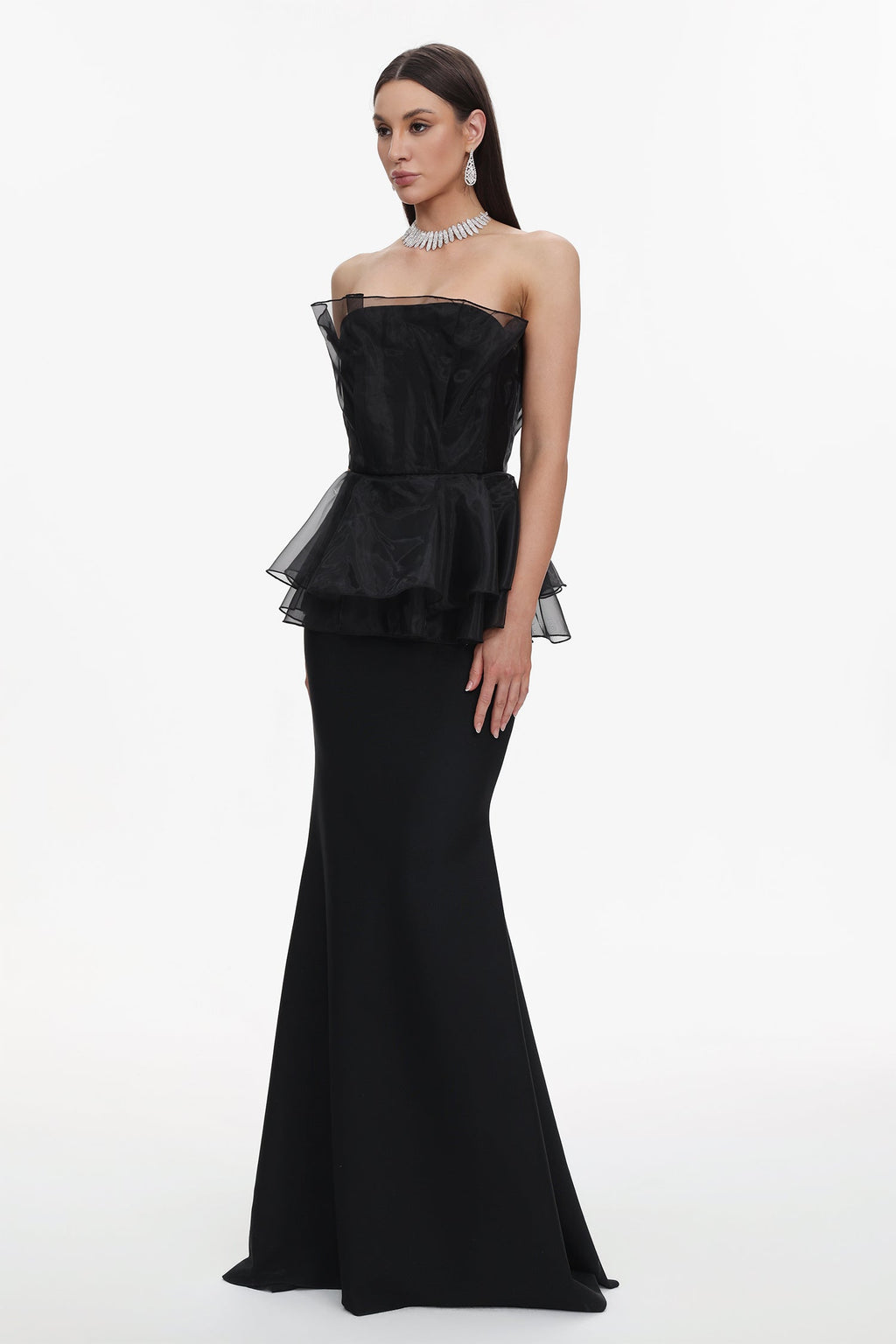 Cosima Black Fishtail Silhouette Strapless Formal Dress with Ruffle Detailing