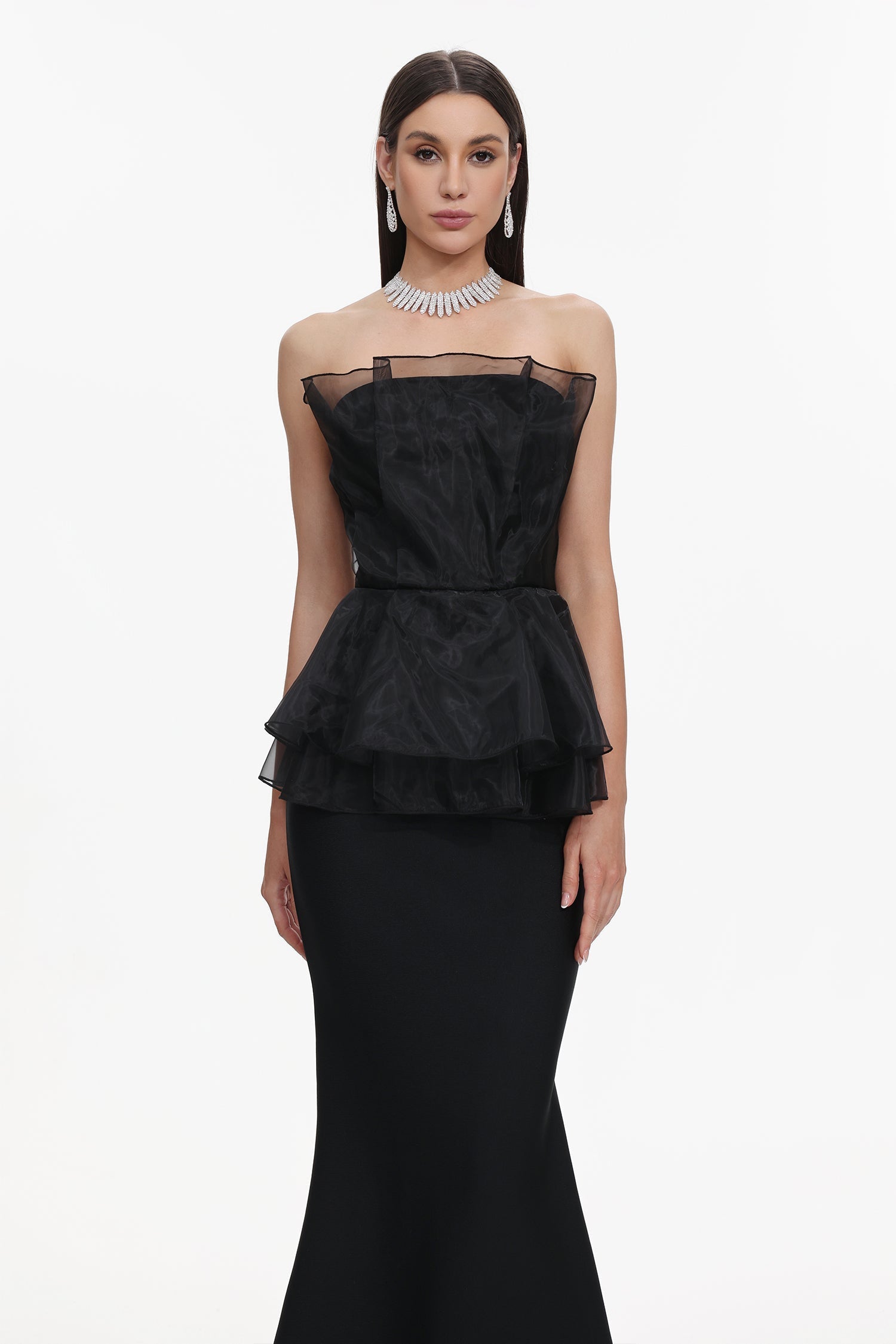 Cosima Black Fishtail Silhouette Strapless Formal Dress with Ruffle Detailing