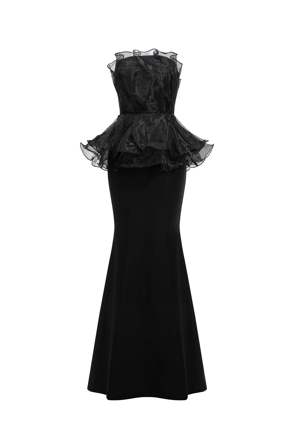 Cosima Black Fishtail Silhouette Strapless Formal Dress with Ruffle Detailing