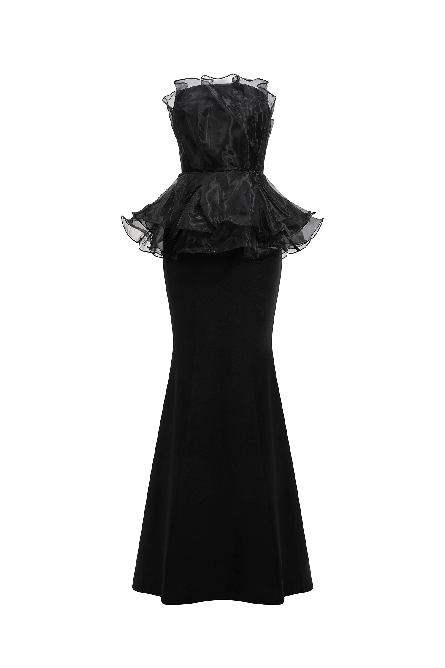 Cosima Black Fishtail Silhouette Strapless Formal Dress with Ruffle Detailing