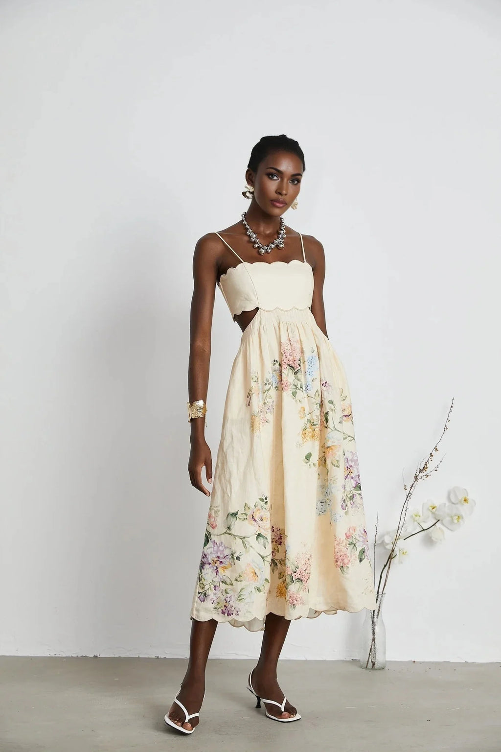 Costanza Midi Dress Floral Print & Cut - Out Neutrals