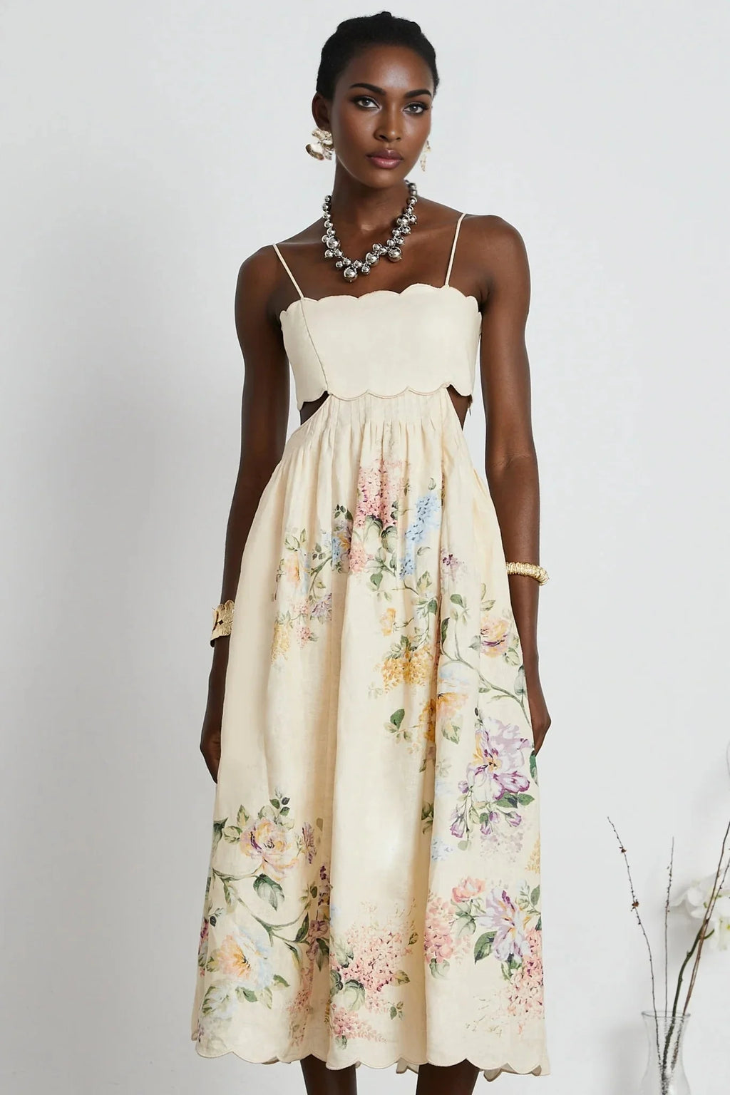 Costanza Midi Dress Floral Print & Cut - Out Neutrals