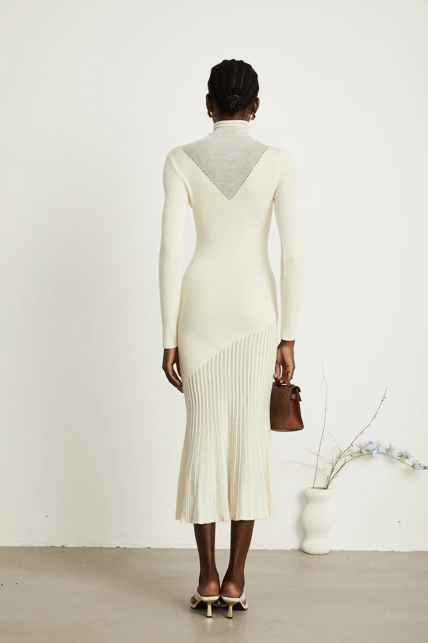 Costanza Midi Dress - High Neck - Long Sleeves - Pleated Design - Semi - Sheer Finish