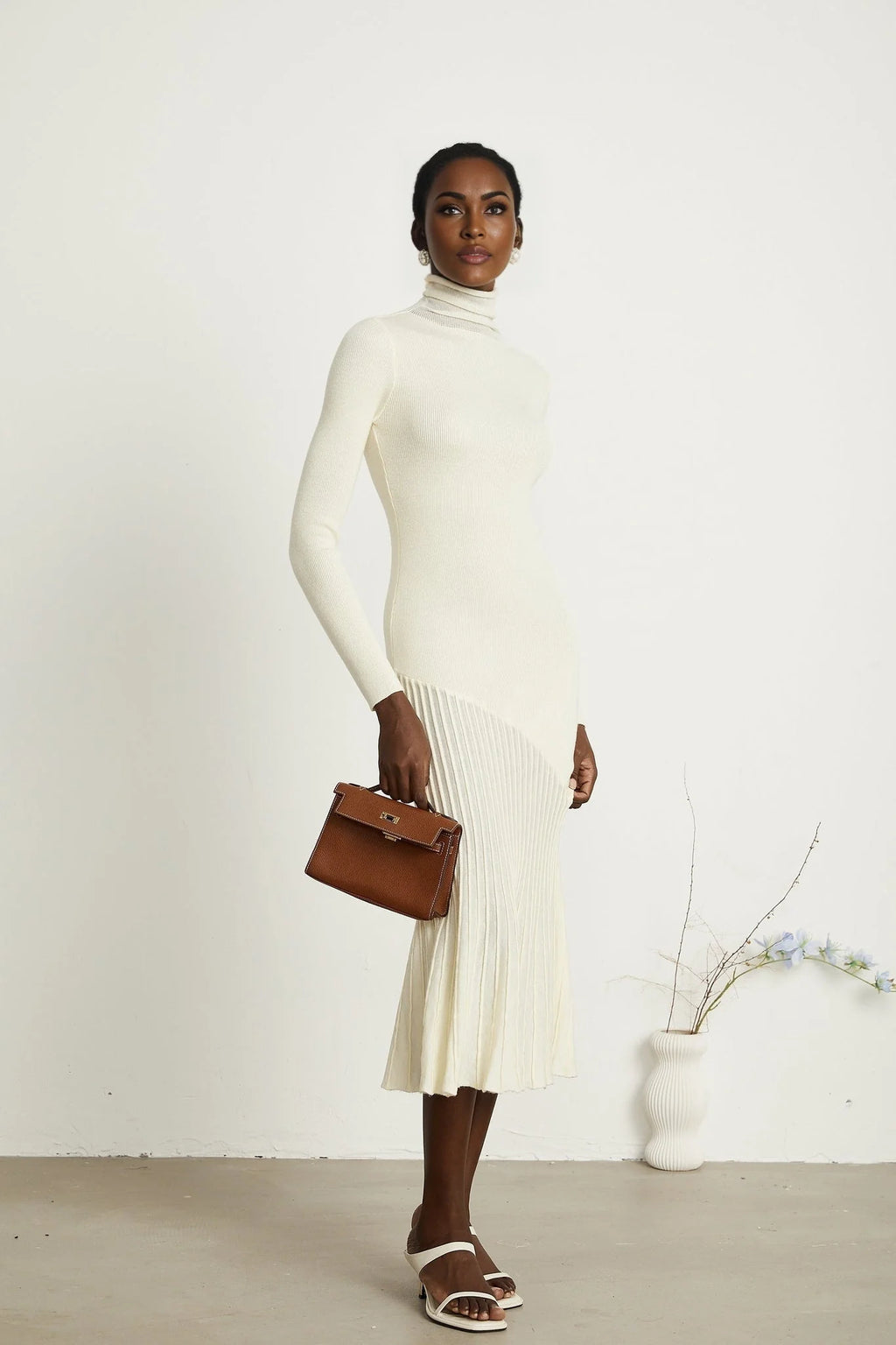 Costanza Midi Dress - High Neck - Long Sleeves - Pleated Design - Semi - Sheer Finish