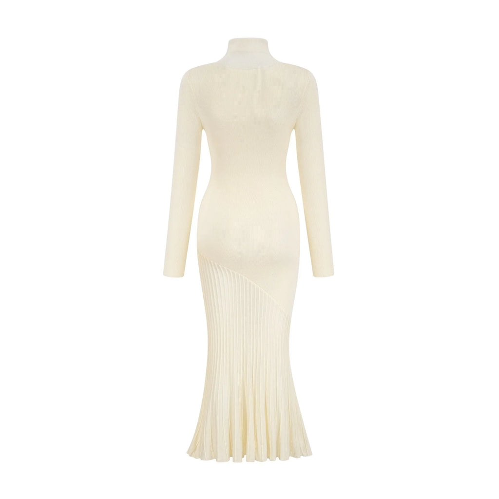 Costanza Midi Dress - High Neck - Long Sleeves - Pleated Design - Semi - Sheer Finish