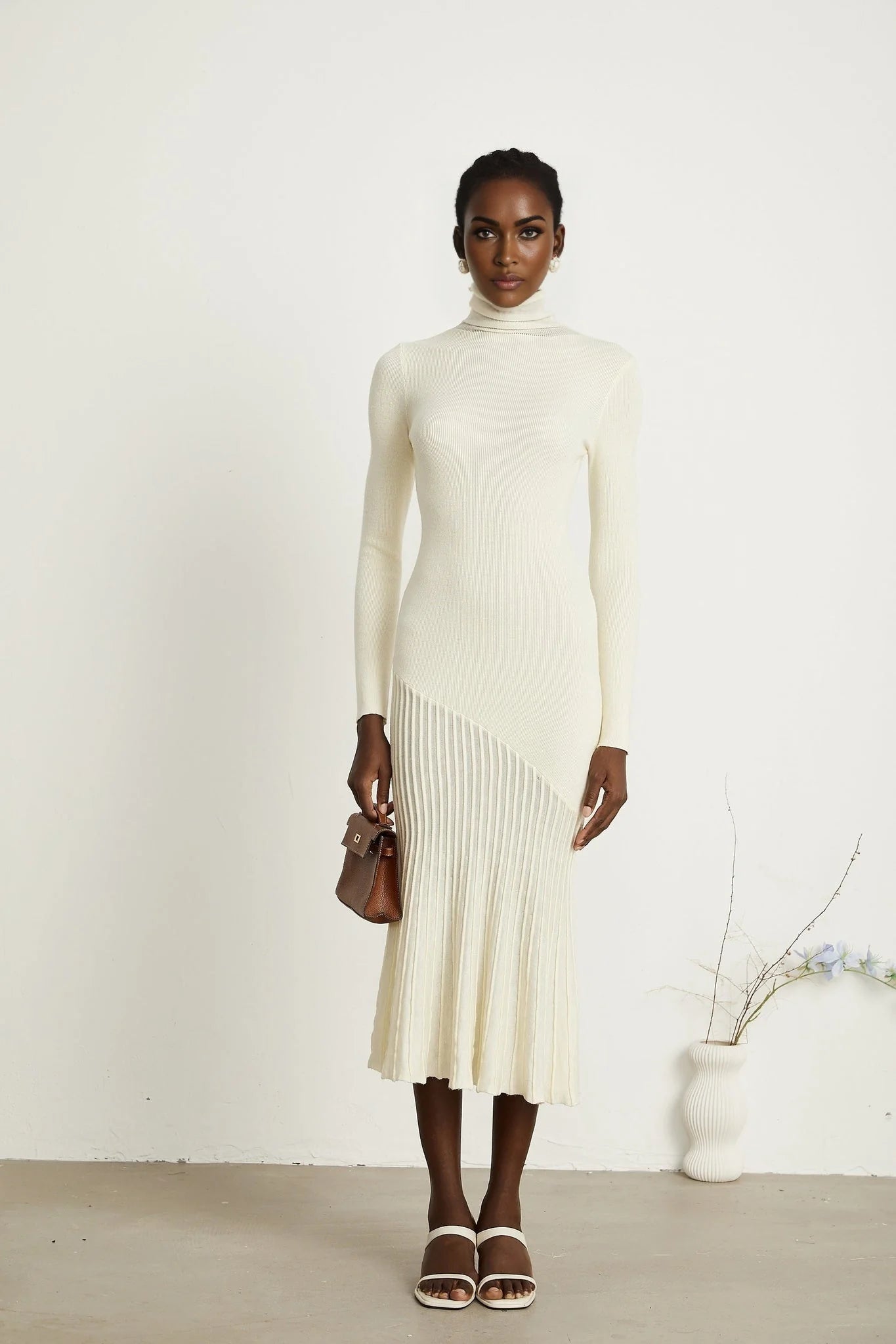 Costanza Midi Dress - High Neck - Long Sleeves - Pleated Design - Semi - Sheer Finish