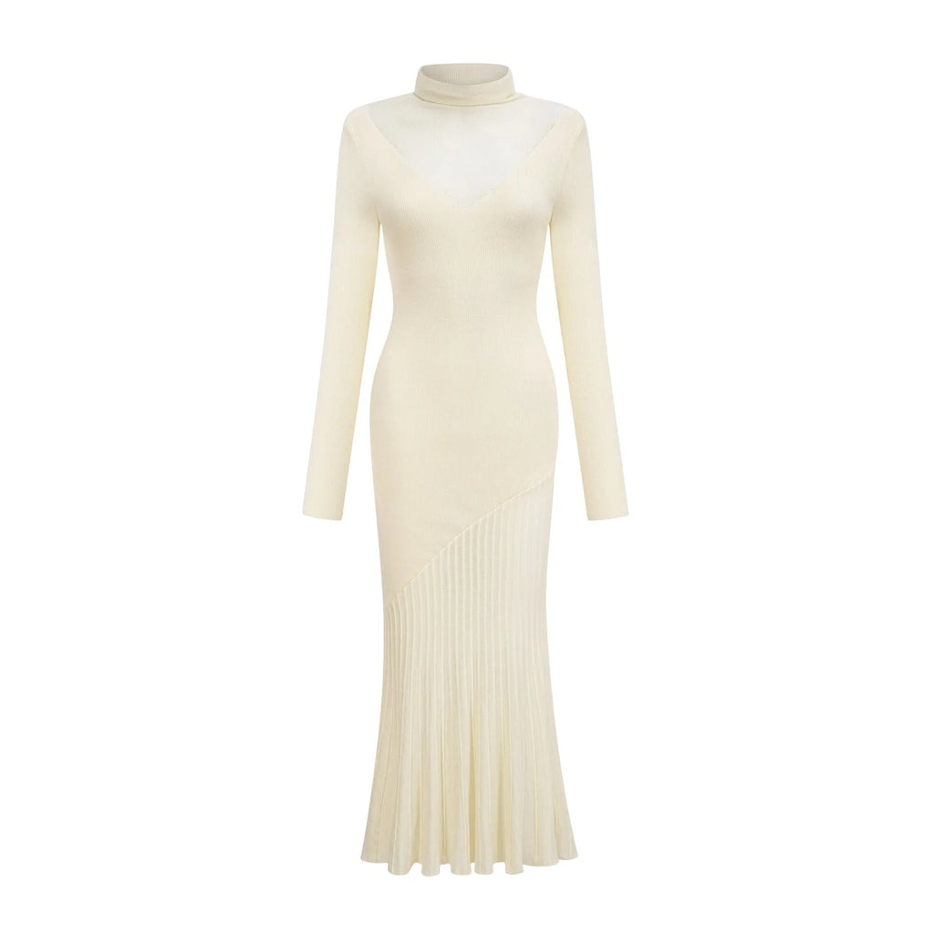 Costanza Midi Dress - High Neck - Long Sleeves - Pleated Design - Semi - Sheer Finish