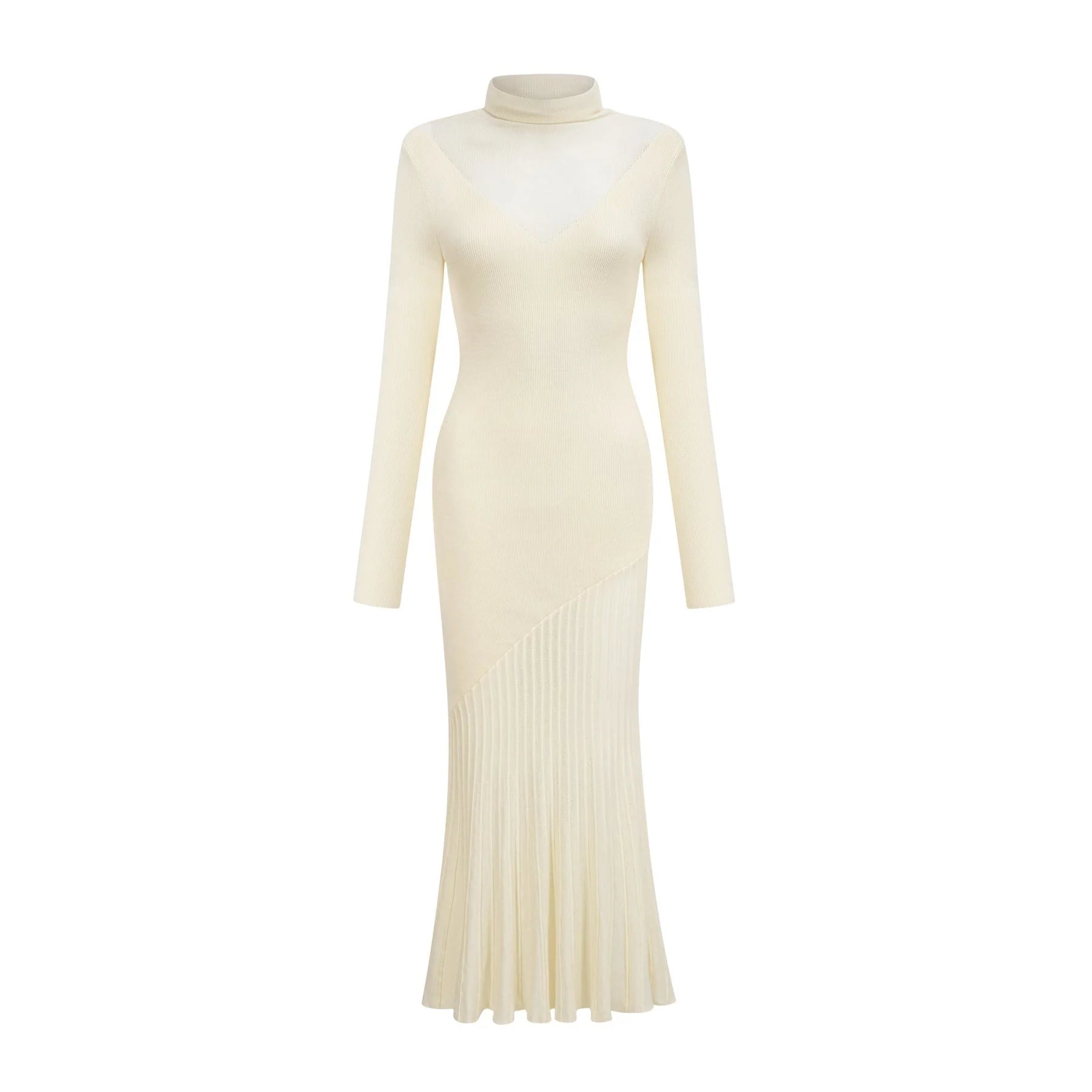 Costanza Midi Dress - High Neck - Long Sleeves - Pleated Design - Semi - Sheer Finish
