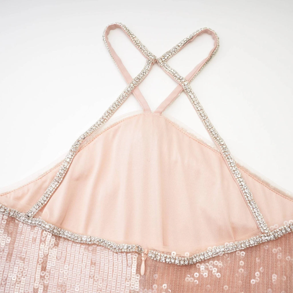 Costanza Mini Dress – Sequin – Front Floral Decorated – Crystal Strap