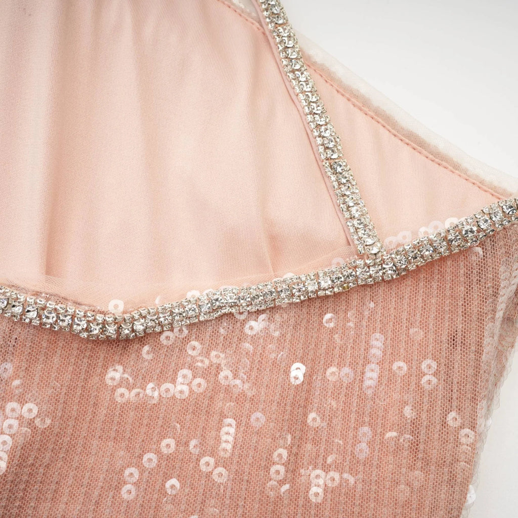 Costanza Mini Dress – Sequin – Front Floral Decorated – Crystal Strap