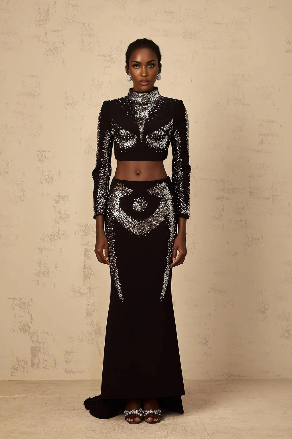 Costanza Top & Skirt Set Sequin Embellished Train Design