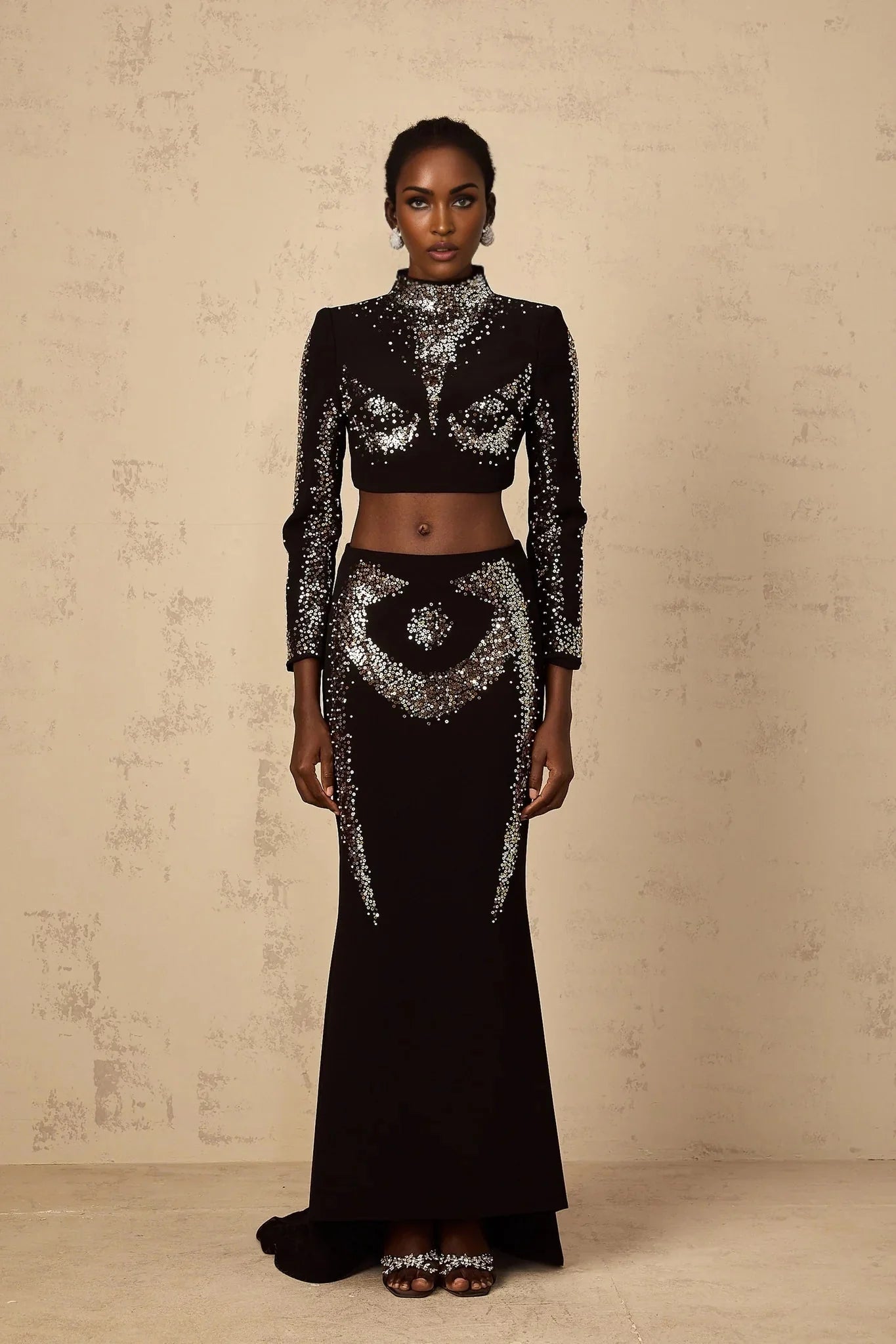 Costanza Top & Skirt Set Sequin Embellished Train Design